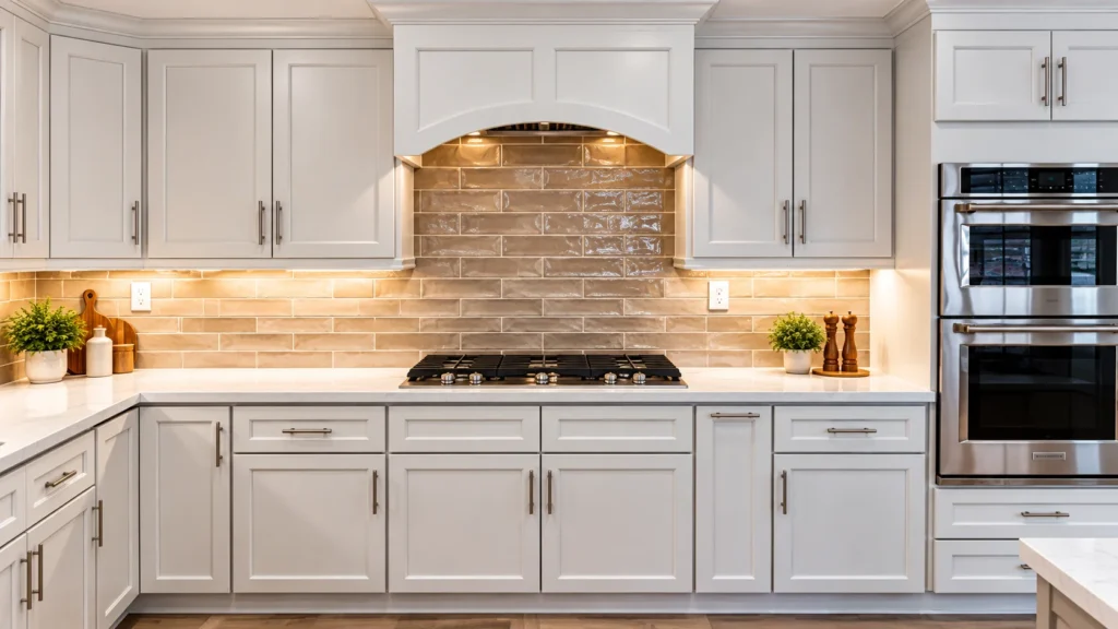 Modern white kitchen design with custom cabinets, tiled backsplash, cooktop, and built-in appliances