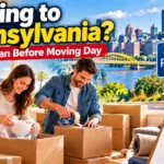 Moving to Pennsylvania guide featuring a couple packing boxes, a moving checklist, and a Pennsylvania city skyline