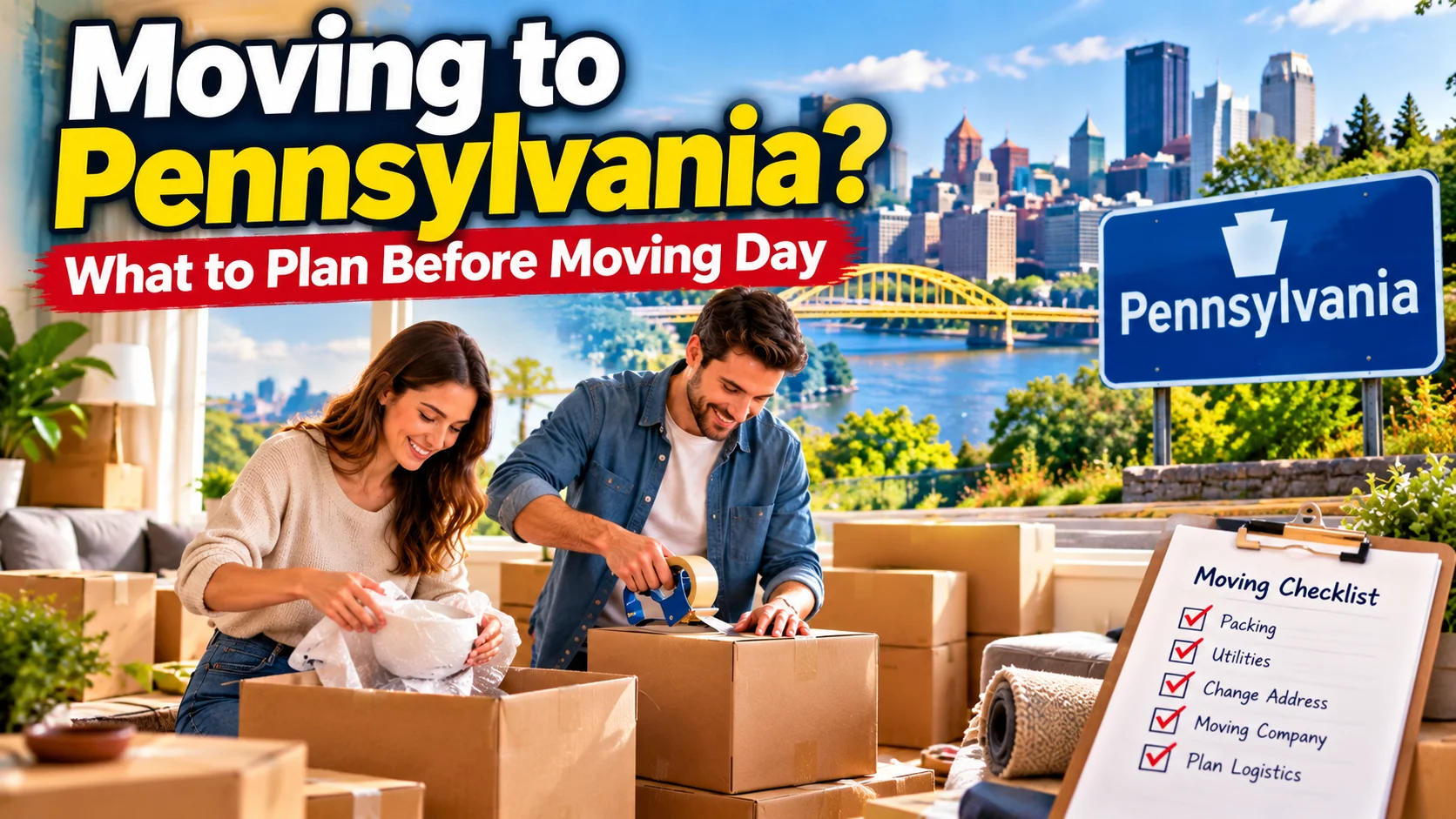 Moving to Pennsylvania guide featuring a couple packing boxes, a moving checklist, and a Pennsylvania city skyline