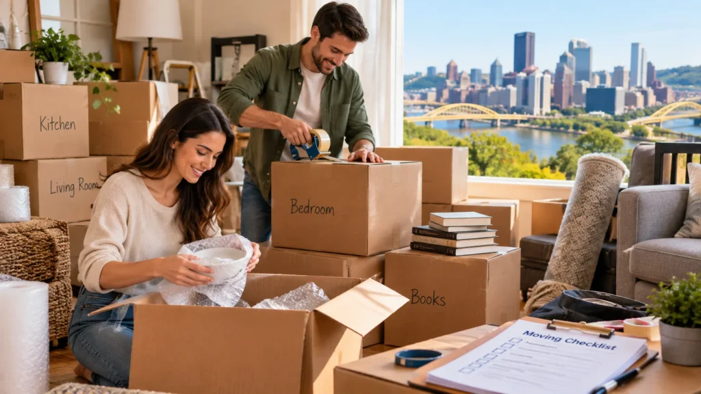 Couple packing labeled moving boxes and preparing a moving checklist before relocating to Pennsylvania