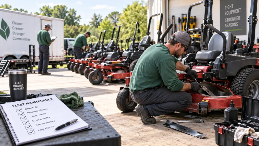 Landscaping crew maintaining a fleet of commercial mowers for reliable mowing operations