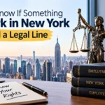 New York workplace legal rights with employment law books and Lady Justice against the Manhattan skyline