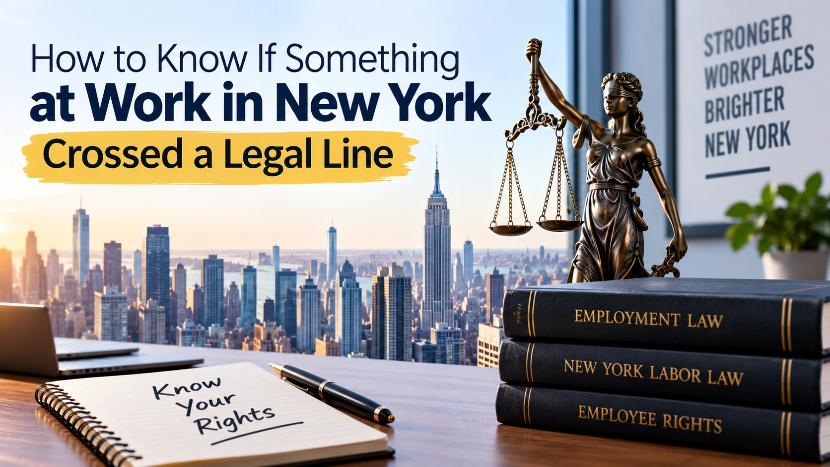 New York workplace legal rights with employment law books and Lady Justice against the Manhattan skyline