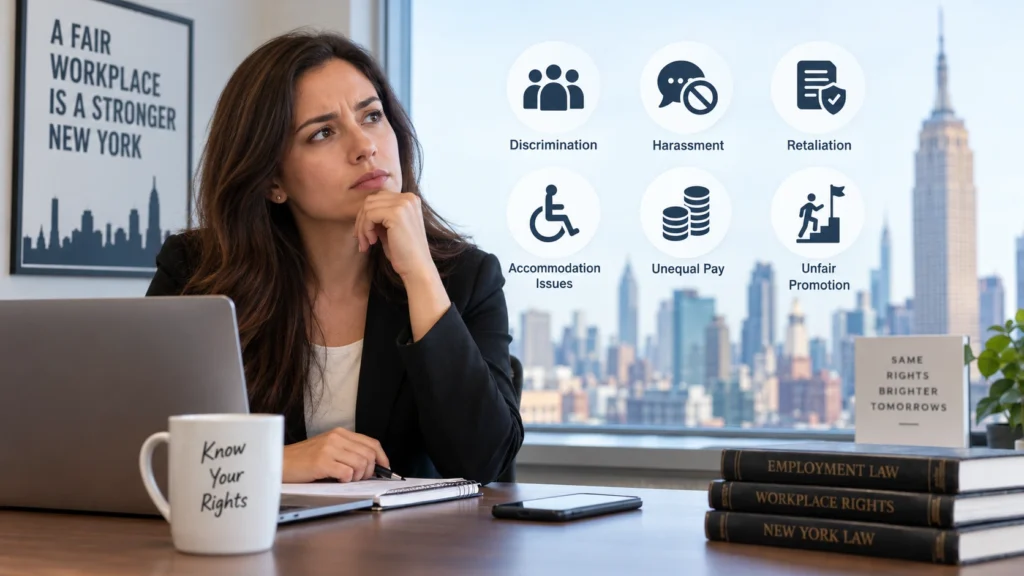 Employee reviewing potential workplace legal issues and employee rights in New York