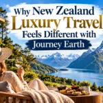 New Zealand luxury travel experience with Journey Earth overlooking a scenic alpine lake and snow-capped mountains