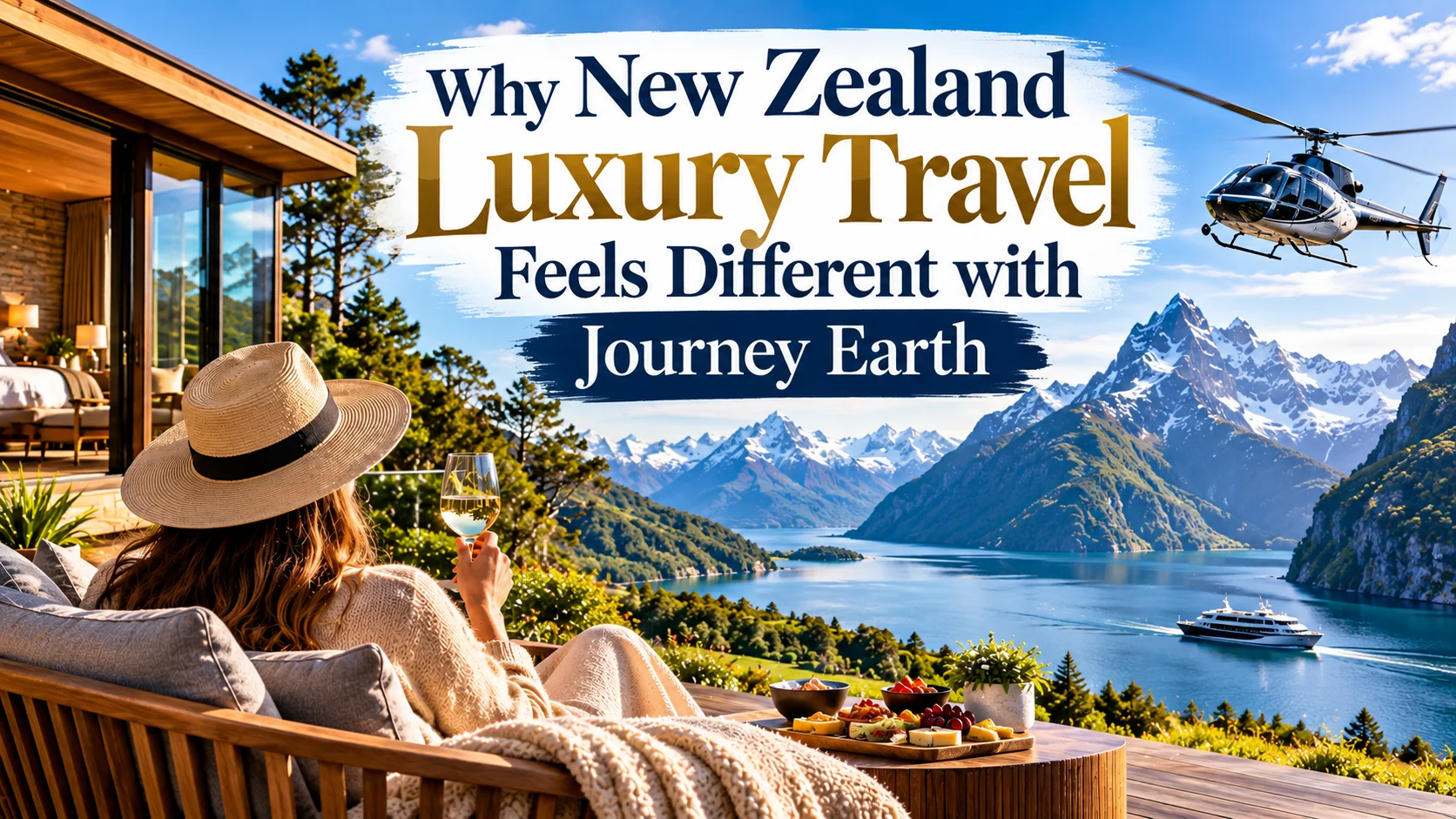 New Zealand luxury travel experience with Journey Earth overlooking a scenic alpine lake and snow-capped mountains