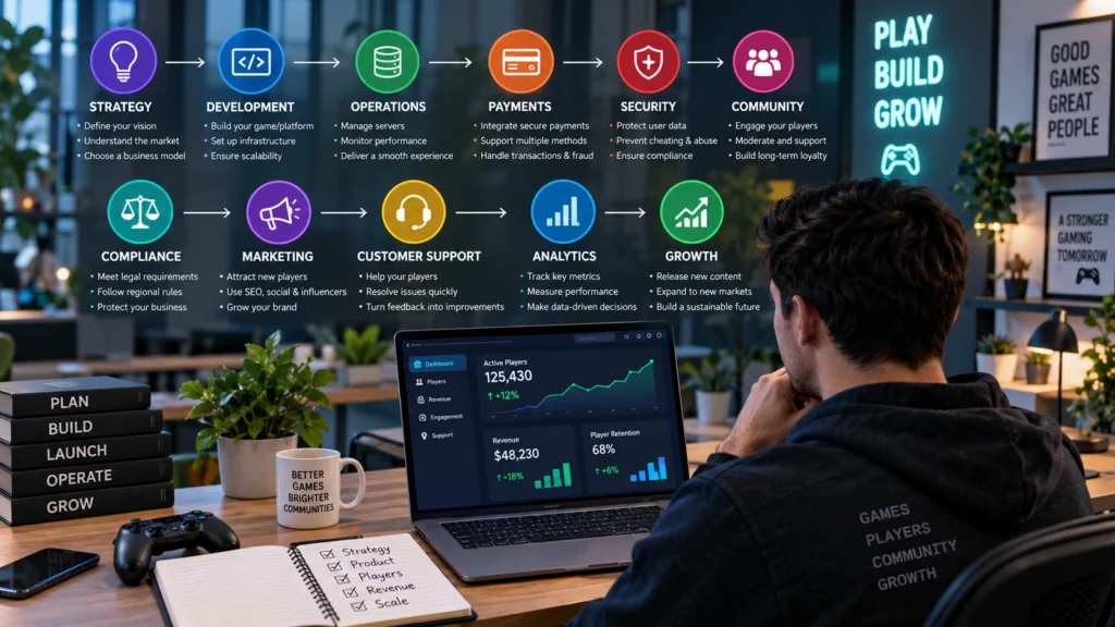 End-to-end online gaming business operations covering development, payments, security, marketing, support, analytics, and growth