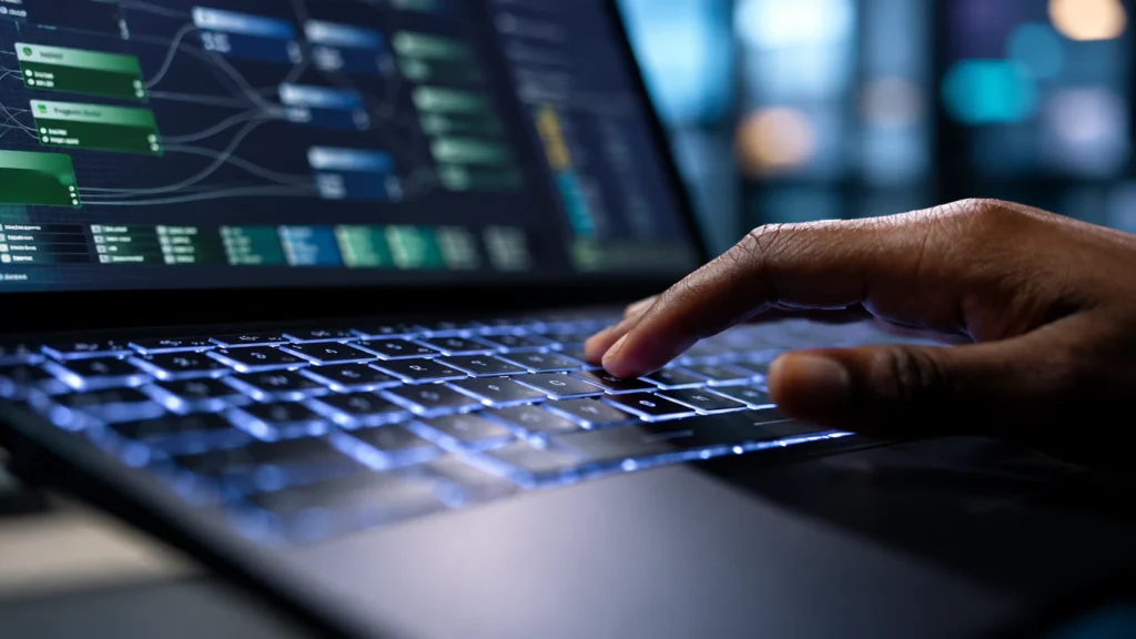 Professional using a laptop to manage online gaming business operations and digital systems