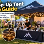 Professional pop-up tent setup with branded event booth, secure frame, lighting, and organized display tables