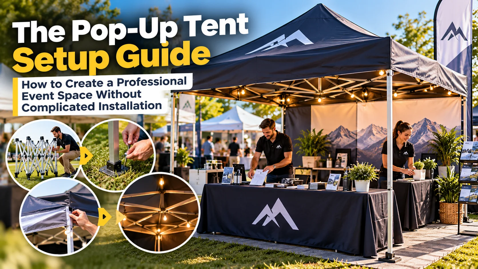 Professional pop-up tent setup with branded event booth, secure frame, lighting, and organized display tables