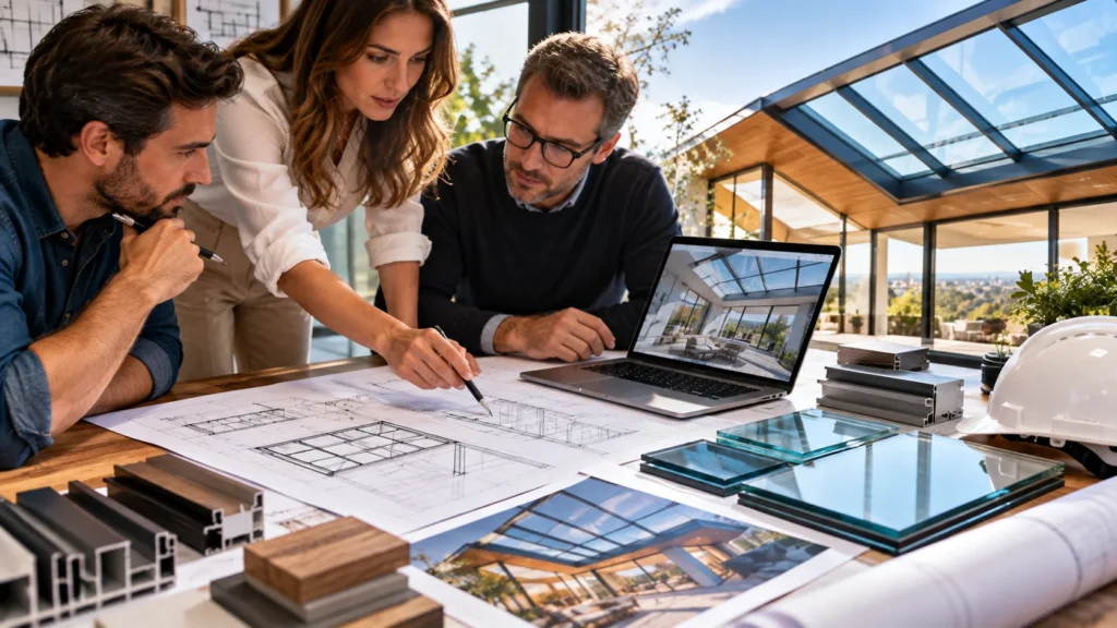 Architects and builders reviewing premium roof glazing plans, glass samples, and skylight designs in an architectural studio