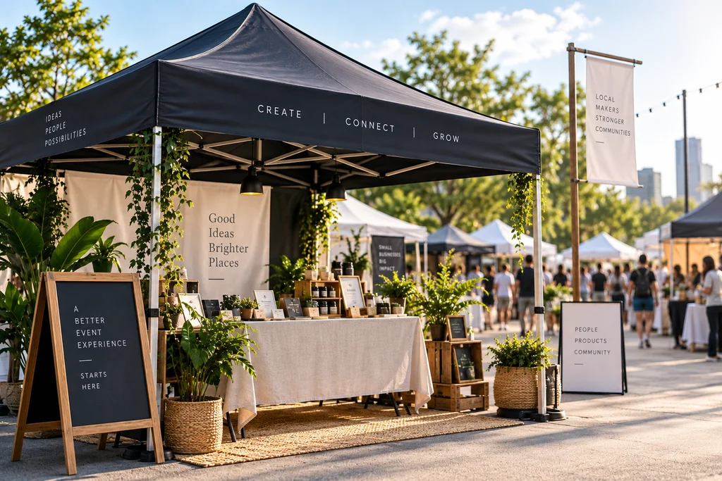 Professional black pop-up tent event booth with product displays, lighting, plants, signage, and organized outdoor market setup