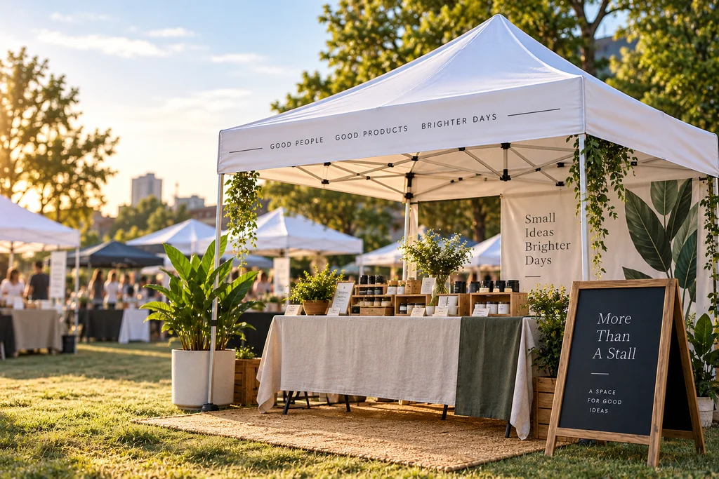 Professional pop-up tent event stall with branded canopy, product display, plants, signage, and organized outdoor setup