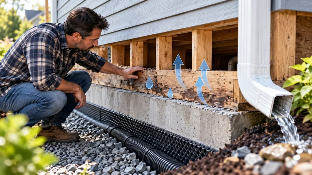 Homeowner inspecting wood framing for moisture damage and rot near a foundation drainage system