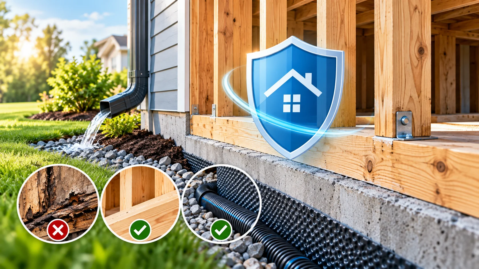 Protecting wood framing from moisture and rot with proper foundation drainage and water management