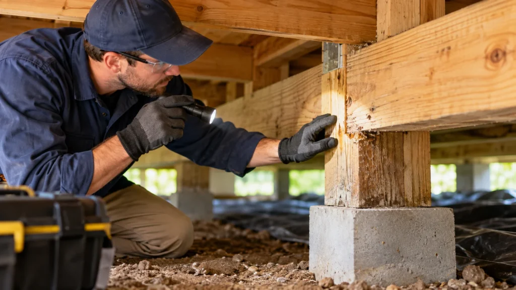 Home inspector examining wooden foundation framing for moisture, wood rot, and termite damage in a crawlspace.