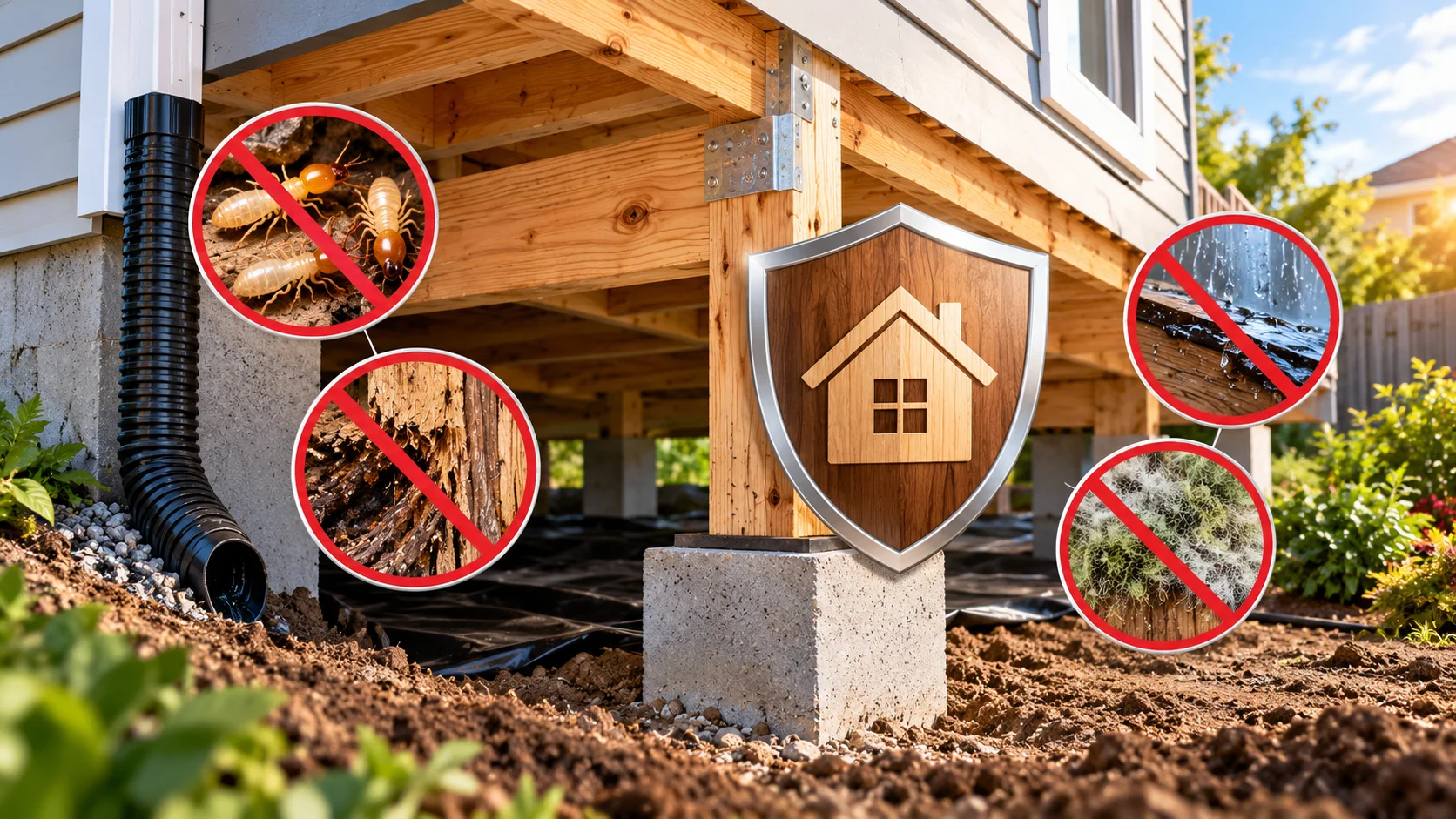 Wooden home foundation and framing protected from termites, moisture, wood rot, and environmental threats.