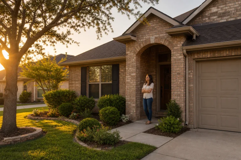 Rowlett Texas homeowner standing outside a well-maintained brick house in a suburban neighborhood