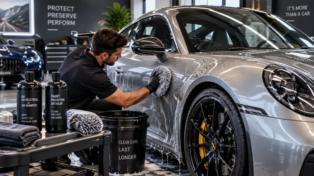 Professional detailing a performance car with specialty paint finish using a microfiber wash mitt