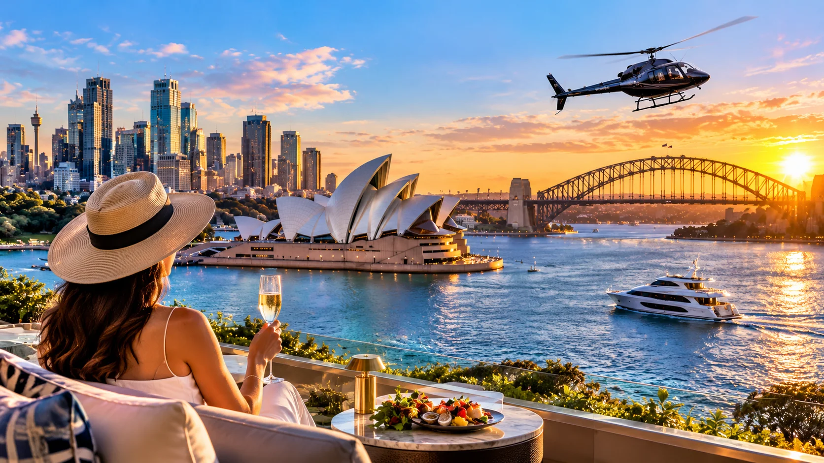 Unforgettable luxury travel experience in Sydney overlooking the Opera House and Harbour Bridge at sunset