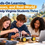 Virginia students collaborating on hands-on learning and real-world projects in a small classroom setting