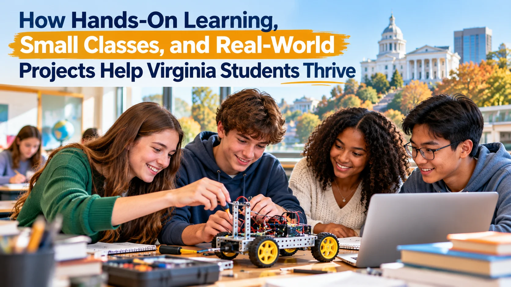 Virginia students collaborating on hands-on learning and real-world projects in a small classroom setting
