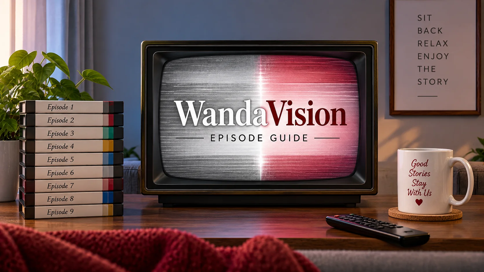 WandaVision episode guide featuring nine episodes and season details on a vintage television