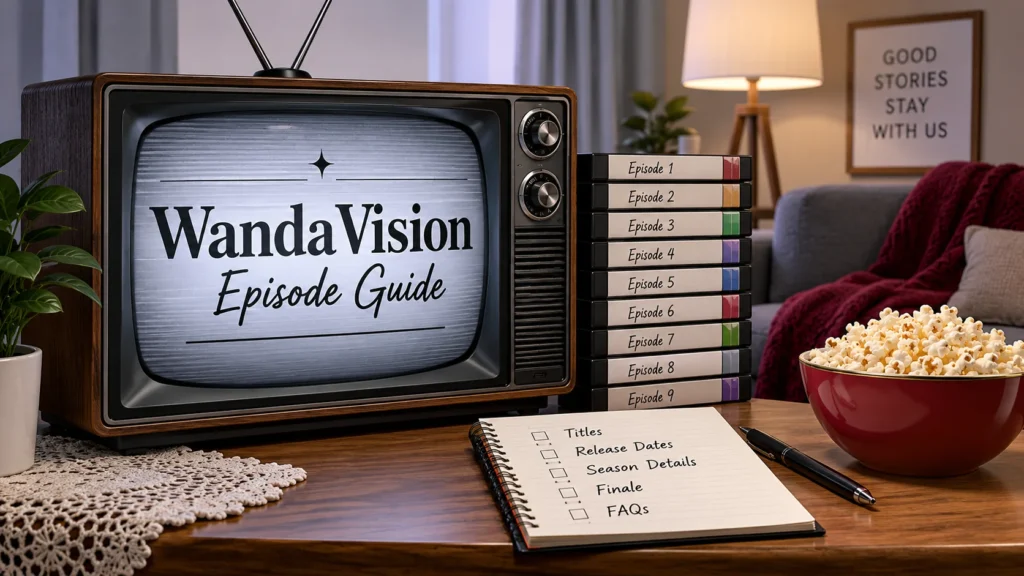 WandaVision episode guide showing all nine episodes, titles, release dates, and season details