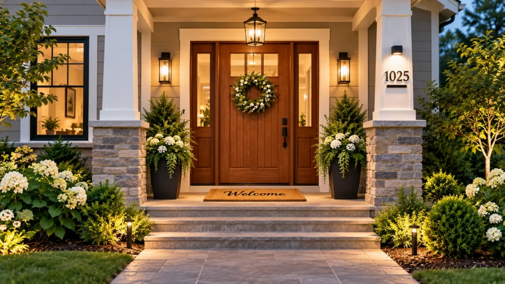 Welcoming front entrance with pathway lighting, illuminated house number, porch lights, and landscaped walkway