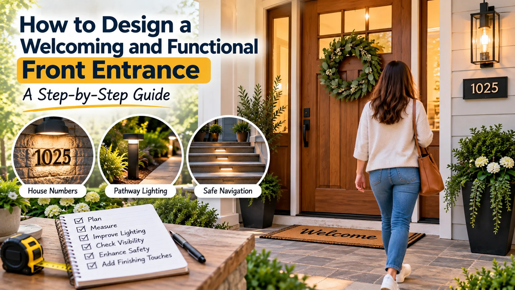 Step-by-step guide to designing a welcoming and functional front entrance with lighting, house numbers, safe pathways, and landscaping