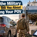 Military POV shipping guide featuring a service member, SUV, vehicle processing center, and overseas transport ship