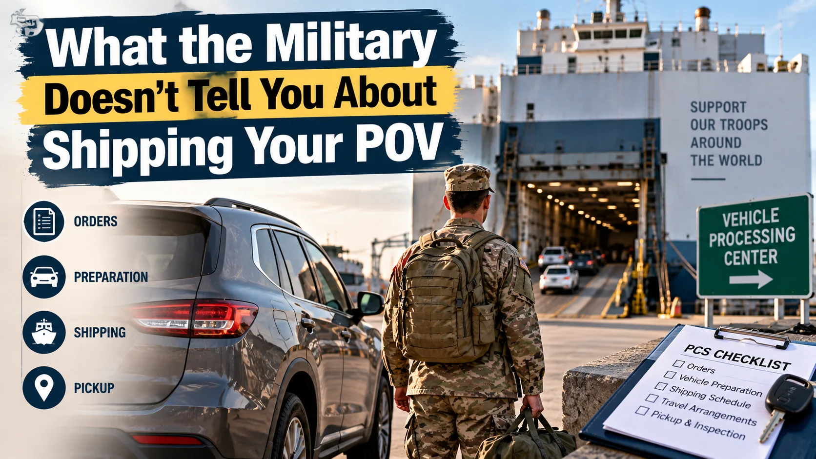 Military POV shipping guide featuring a service member, SUV, vehicle processing center, and overseas transport ship