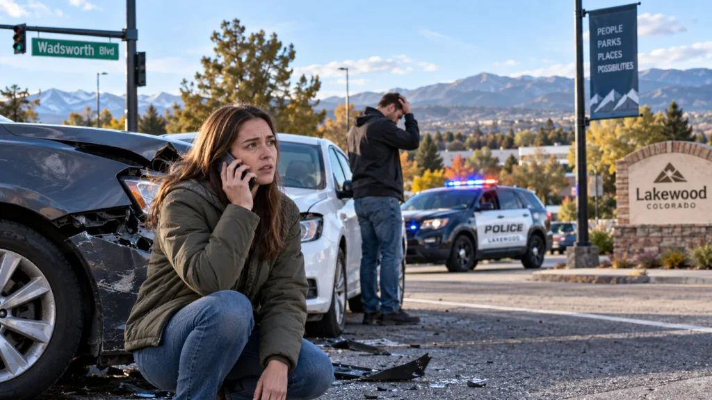 Two-car crash on Wadsworth Boulevard in Lakewood, Colorado with damaged vehicles and police responding at the scene