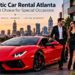 Red exotic car and formally dressed couple outside a luxury venue in Atlanta for a special occasion