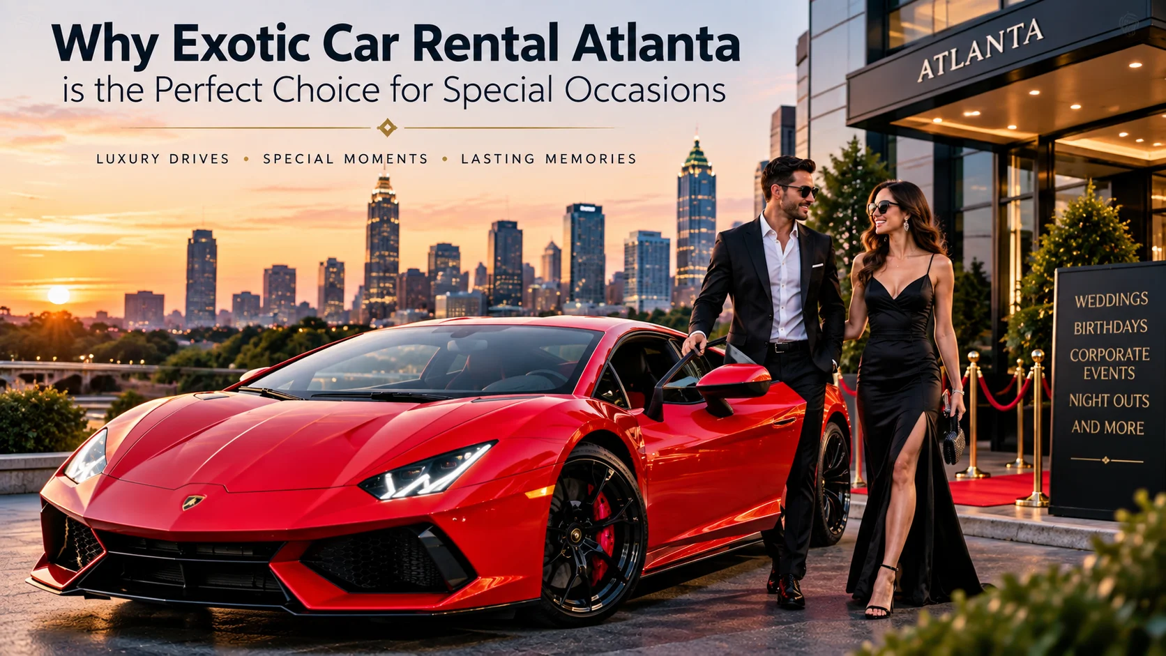 Red exotic car and formally dressed couple outside a luxury venue in Atlanta for a special occasion