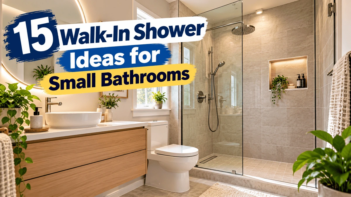 Walk-in shower ideas for small bathrooms featuring a modern frameless glass enclosure and neutral tiles.
