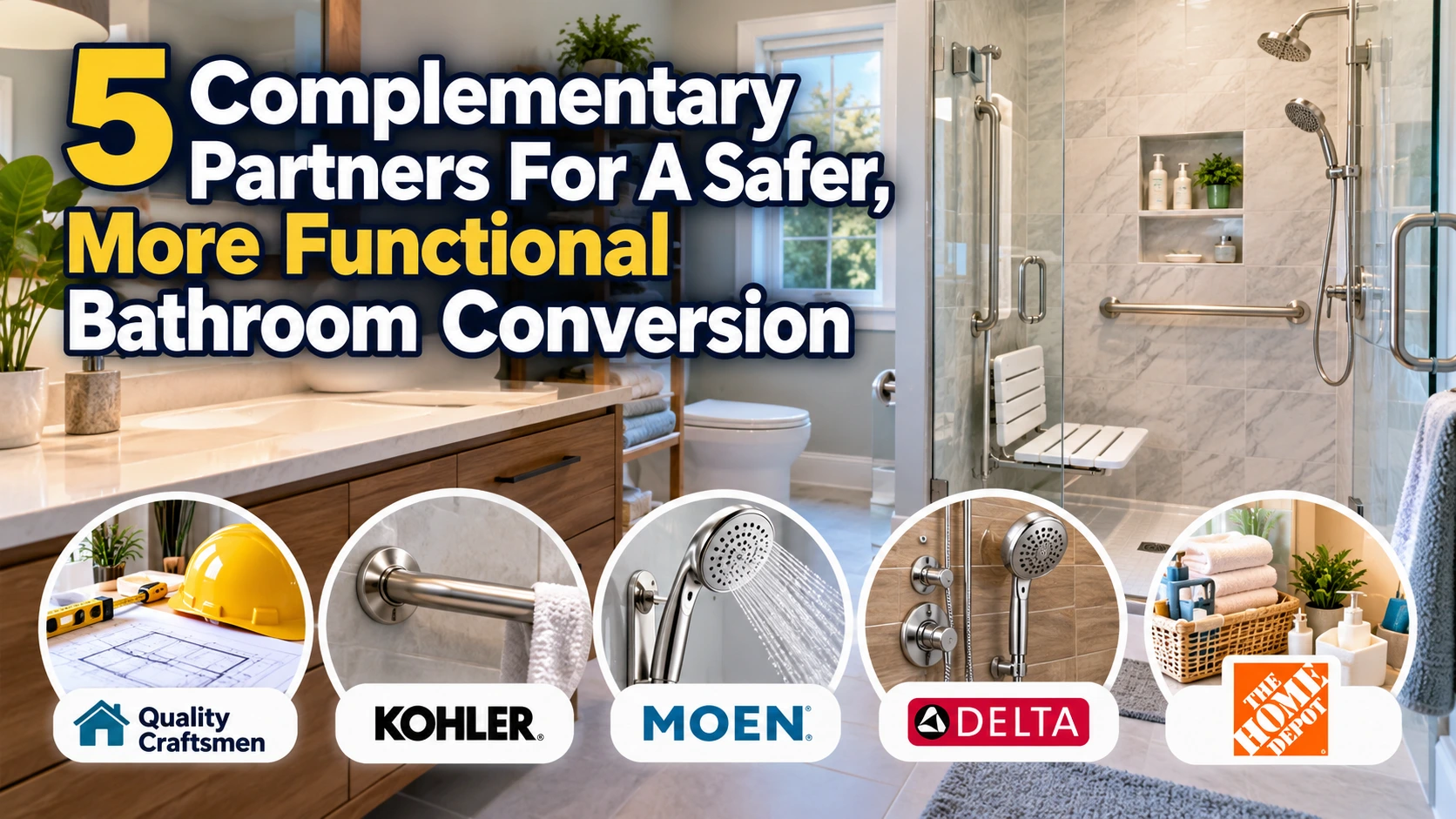 5 complementary partners for a safer, more functional bathroom conversion with accessible shower, grab bars, and bathroom fixtures