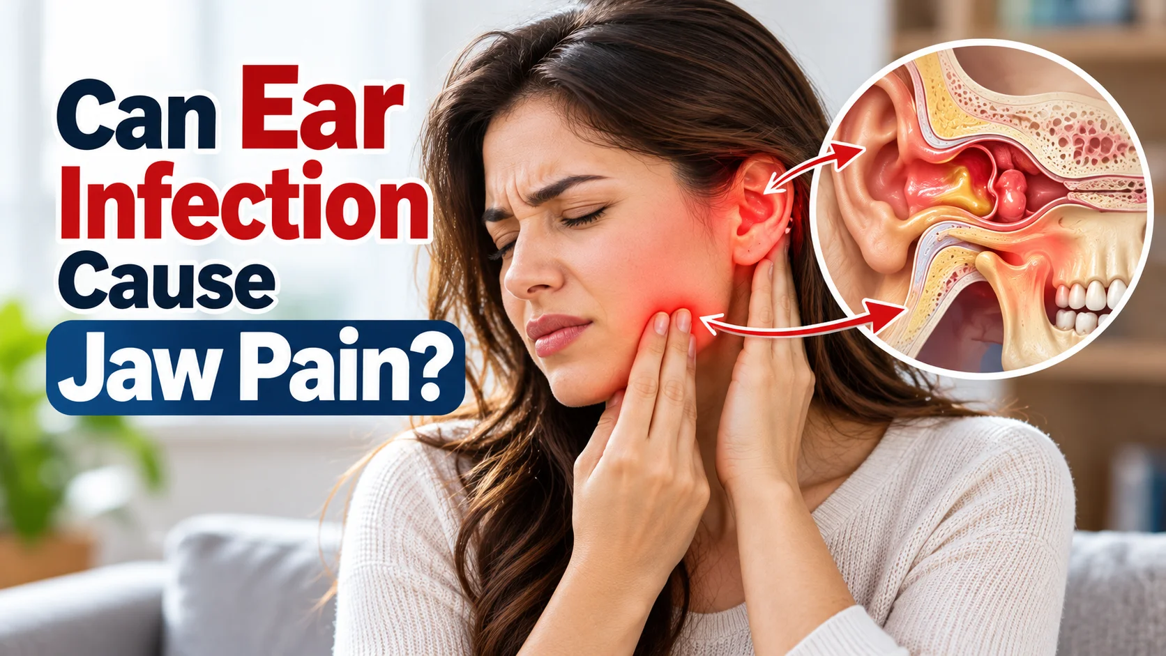 Can ear infection cause jaw pain? A woman experiencing ear and jaw discomfort with a medical illustration showing an inflamed ear and jaw joint.