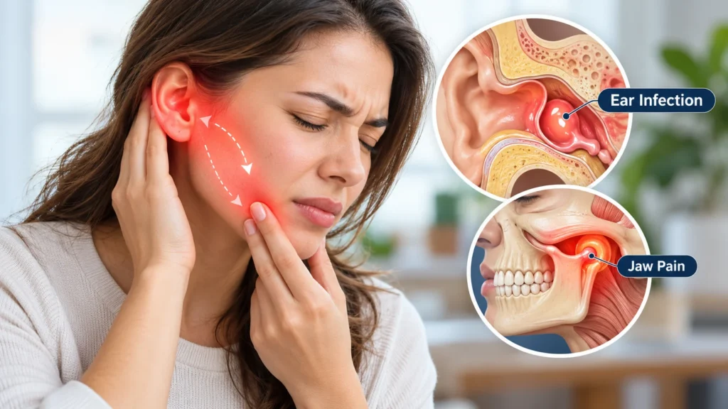 Woman experiencing ear and jaw pain with medical illustrations of an ear infection and jaw joint inflammation.