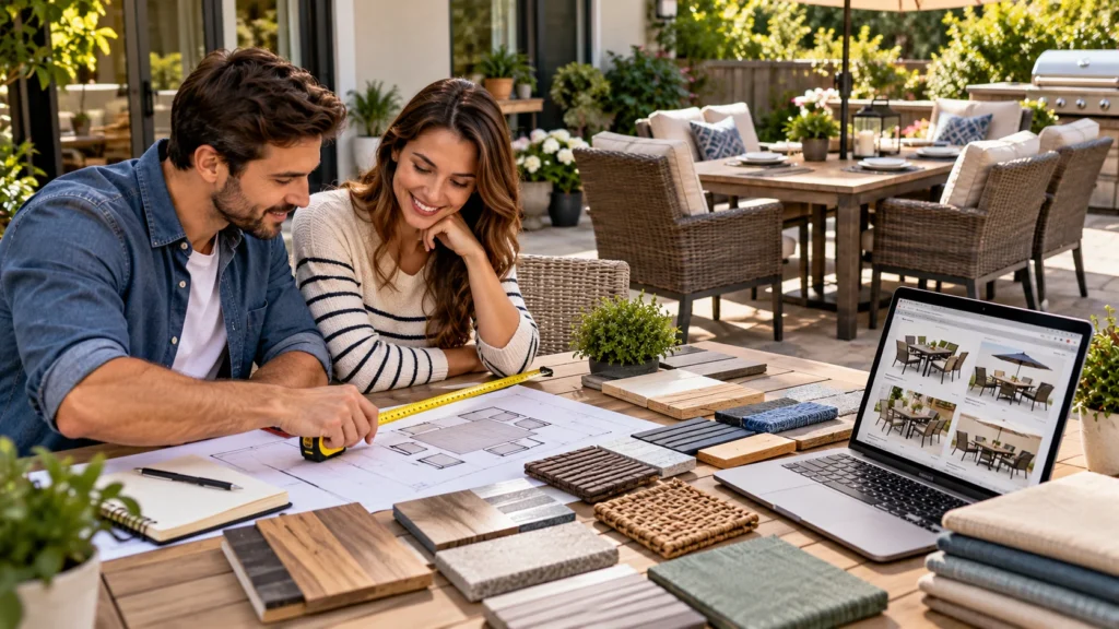 First-time buyer measuring patio space and comparing materials for an outdoor dining set
