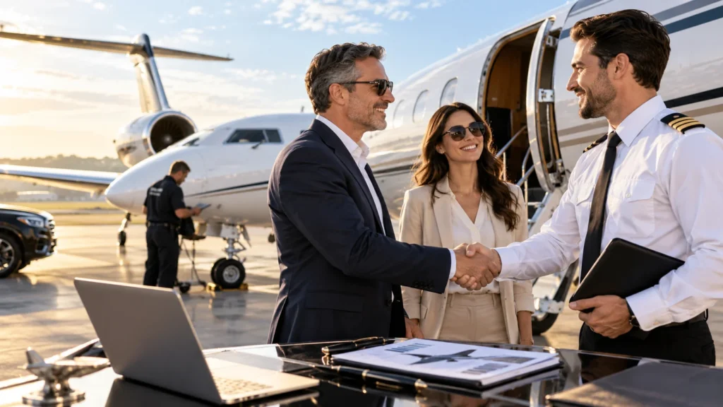 Private jet owner meeting with an aircraft management team beside a luxury business jet on the airport tarmac