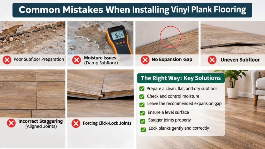 Common mistakes when installing vinyl plank flooring, including poor subfloor preparation, moisture issues, missing expansion gaps, uneven surfaces, and incorrect plank joints.
