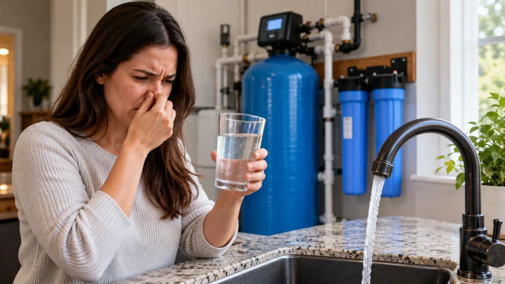 Woman checking water with a sulfur smell in her kitchen while a water filtration system and running faucet are visible.