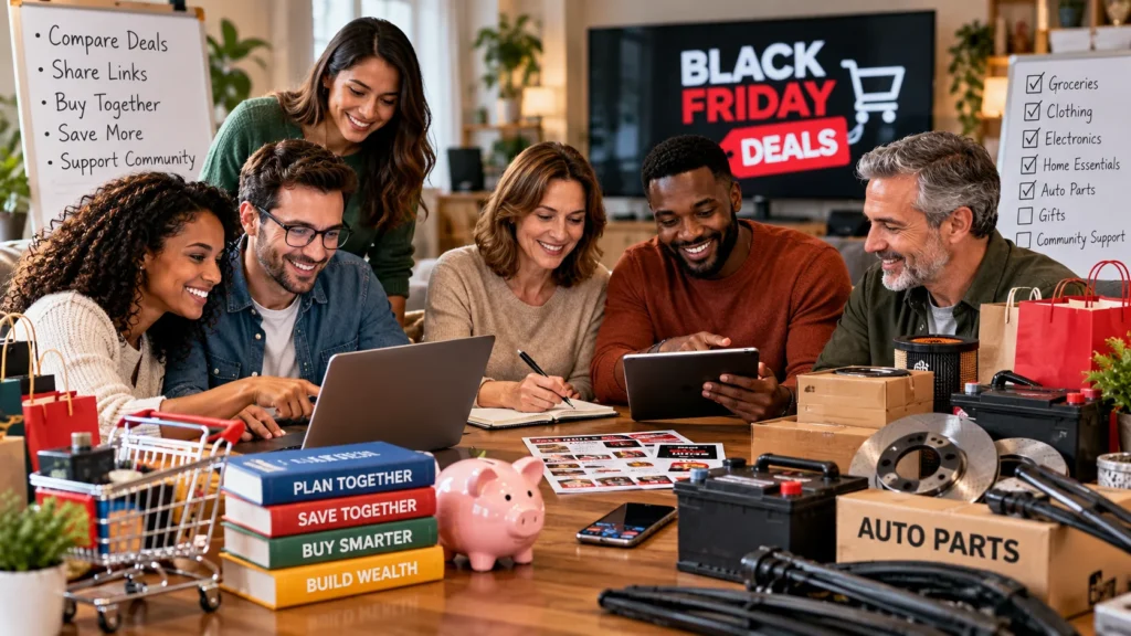 Community members planning Black Friday deals together to save money and build collective financial strength
