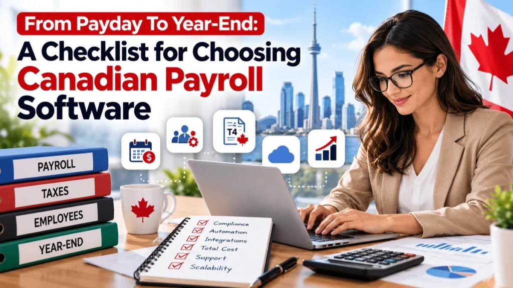 Canadian payroll software checklist for small businesses, featuring payroll management, tax compliance, automation, and year-end reporting.