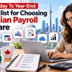 Canadian payroll software checklist for small businesses, featuring payroll management, tax compliance, automation, and year-end reporting.