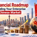 The financial roadmap for expanding an enterprise into the Chinese market, featuring Shanghai's skyline, Chinese flag, global investment, and financial growth.