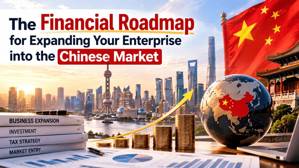 The financial roadmap for expanding an enterprise into the Chinese market, featuring Shanghai's skyline, Chinese flag, global investment, and financial growth.