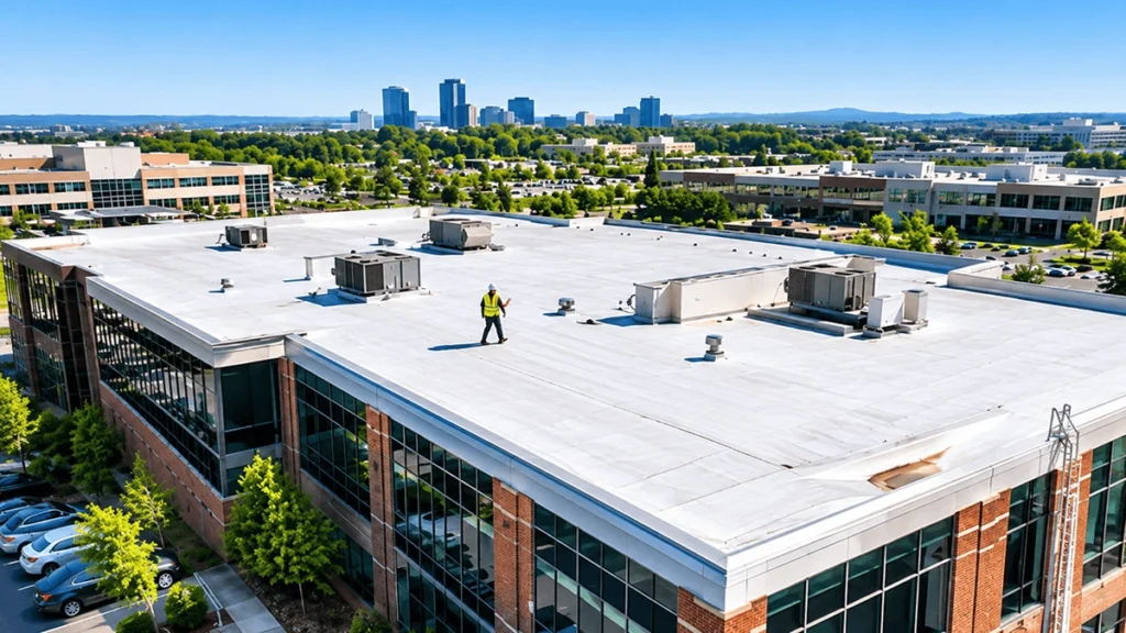 Aerial view of a commercial building roof with HVAC equipment during a professional roof inspection.