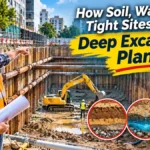 Deep excavation planning at an urban construction site showing soil conditions, groundwater management, and excavation support systems.
